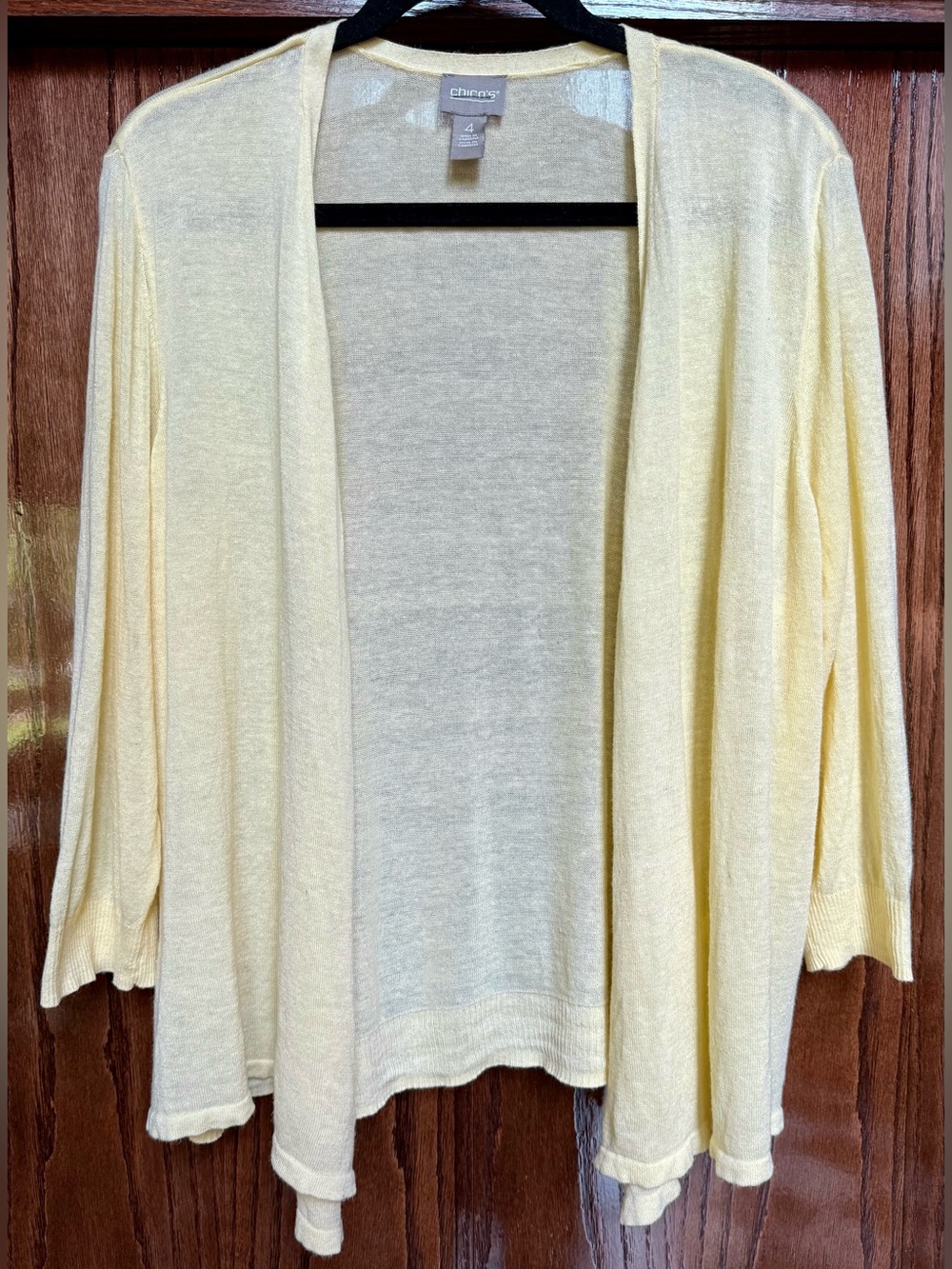 Chico's Women's Cardigan Sweater Yellow Size 4 Open Front 3/4 Sleeve Lightweight